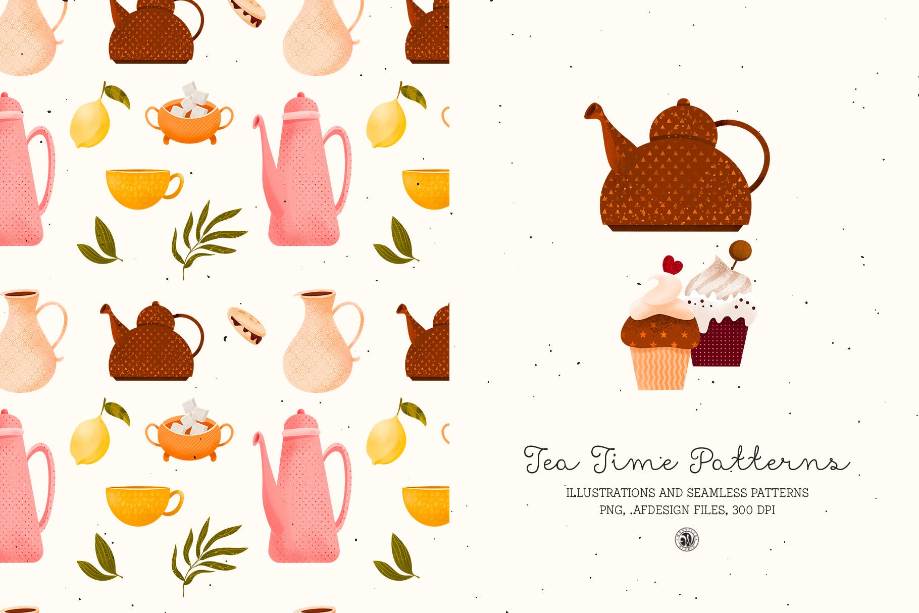 下午茶时光主题点心甜点手绘图案无缝背景素材 Tea Time Patterns插图5