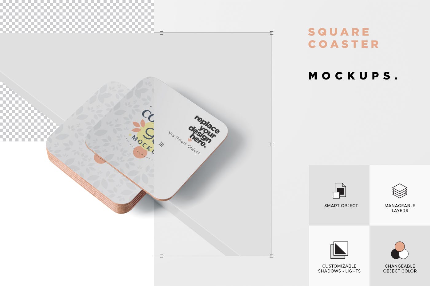 圆角方形杯垫图案设计第一素材精选模板 Square Coaster Mock-Up with Round Corner插图(5)