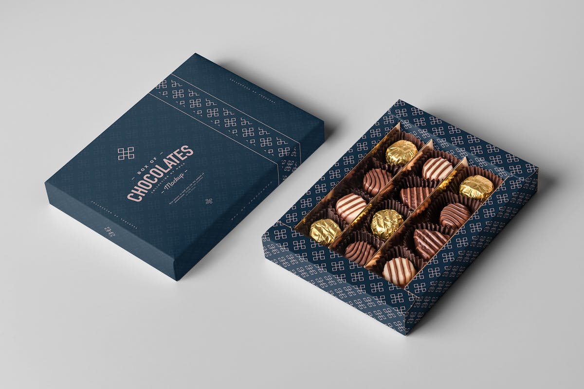 巧克力包装盒外观设计图大洋岛精选模板 Box Of Chocolates Mock-up插图