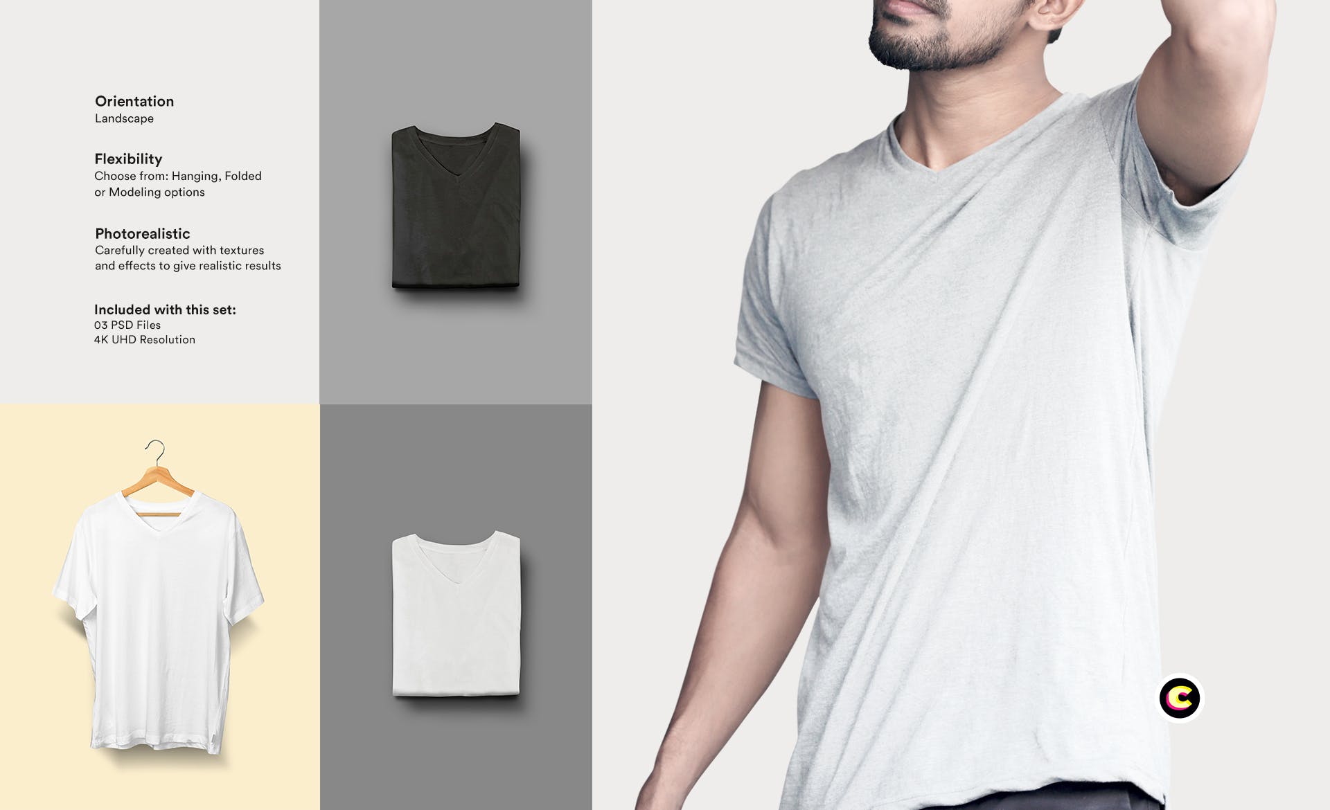 经典V领T恤作品设计展示样机第一素材精选模板 V-Neck T-Shirt Mock-up插图(1)