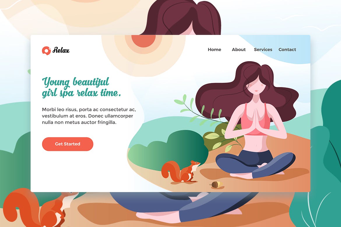 网站着陆页设计瑜伽女郎矢量插画素材v1 Young Beautiful Girl Spa web template Landing Page插图1