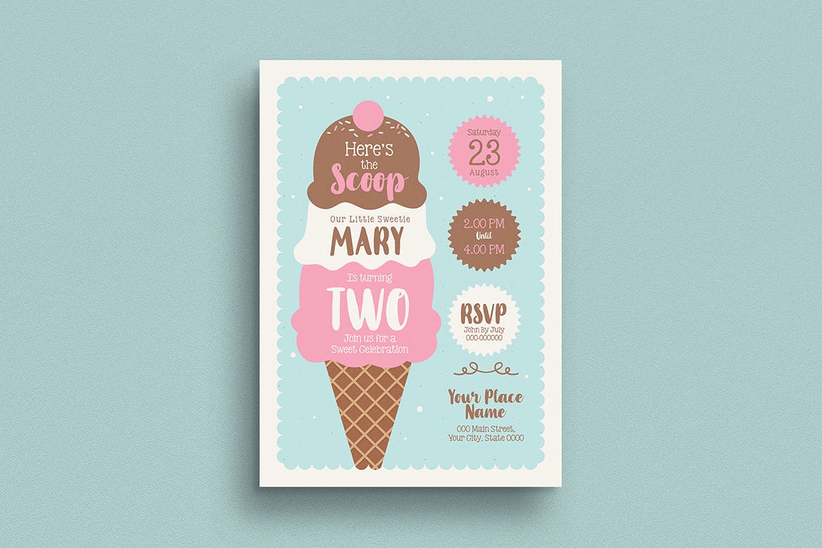 雪糕店周年庆邀请海报传单第一素材精选PSD模板 Ice Cream Birthday Invitation插图(1)