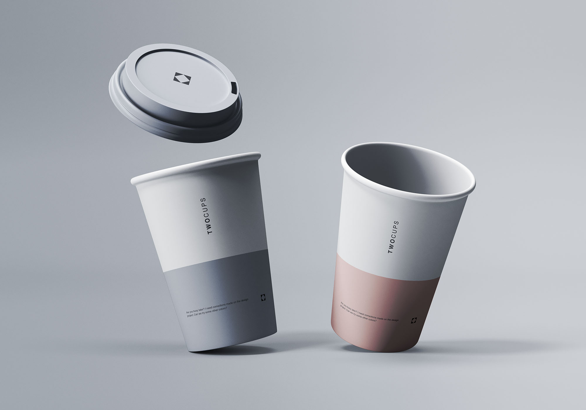 一次性咖啡纸杯设计展示蚂蚁素材精选模板 Two Disposable Coffee Cups Mockup插图(1)