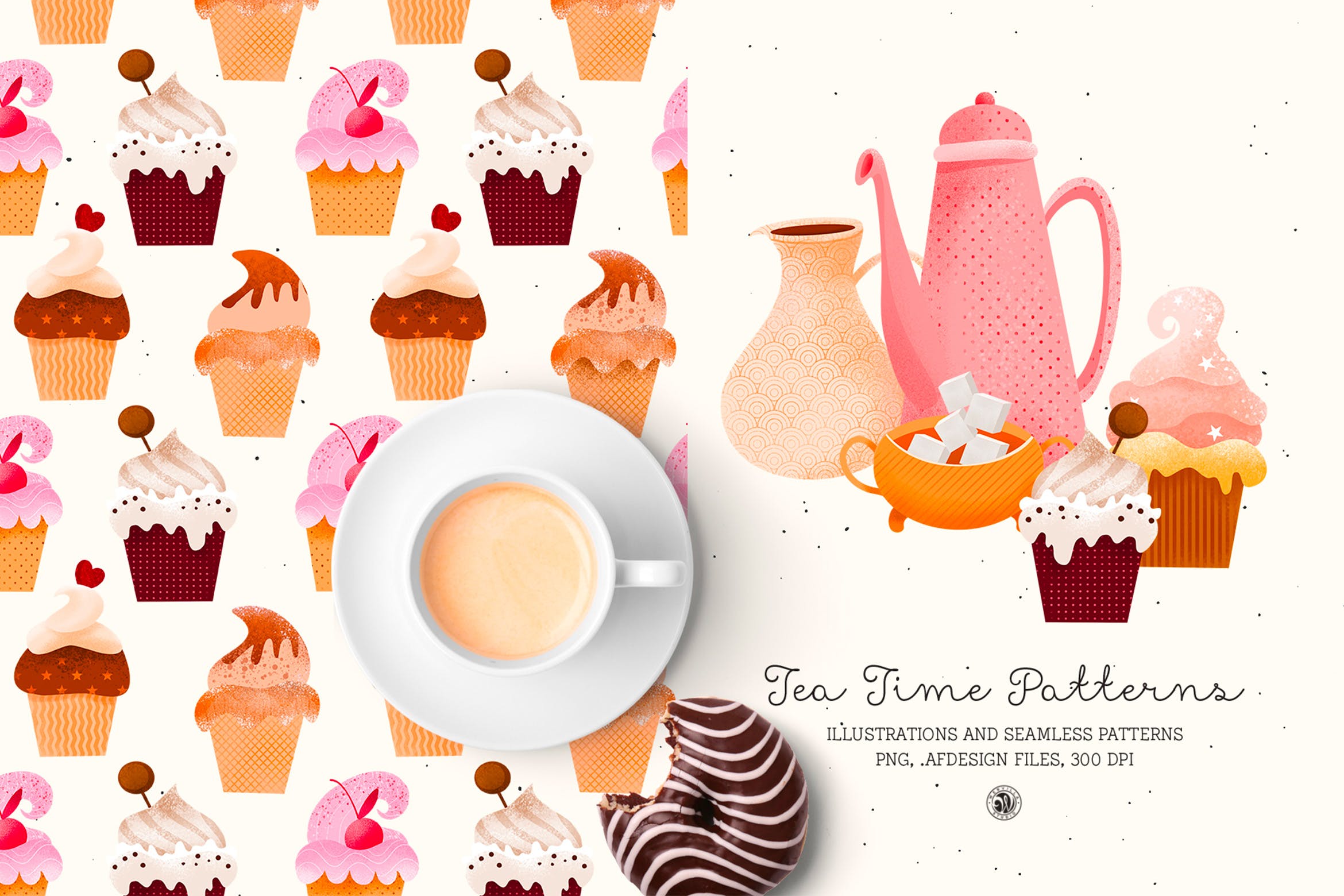 下午茶时光主题点心甜点手绘图案无缝背景素材 Tea Time Patterns插图