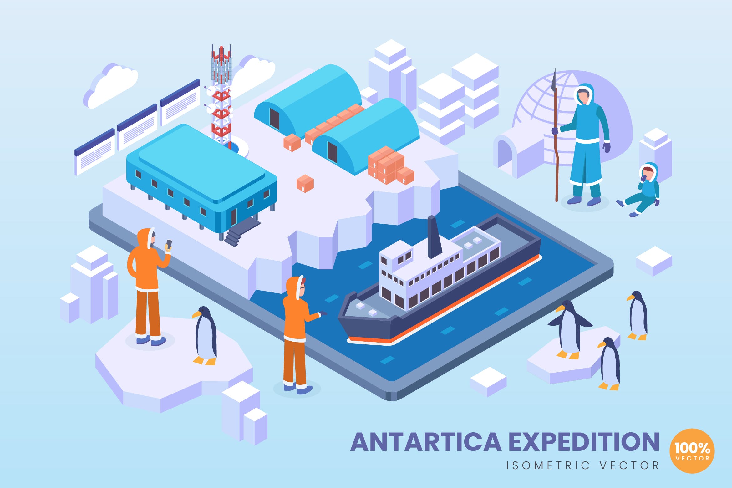 南极探险队主题等距矢量第一素材精选科技概念插画 Isometric Antartica Expedition Vector Concept插图