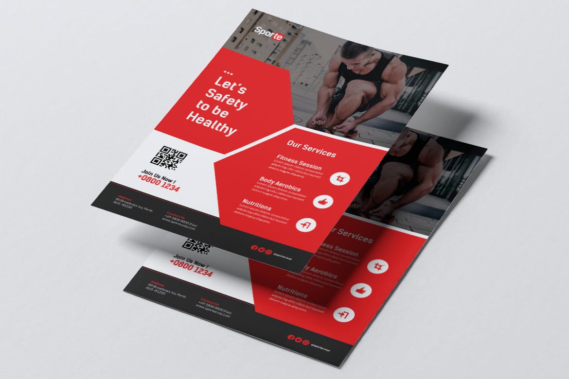 健身体育运动俱乐部传单&名片设计模板 SPORTE Sport Fitness & Gym Flyer & Business Card插图(1)