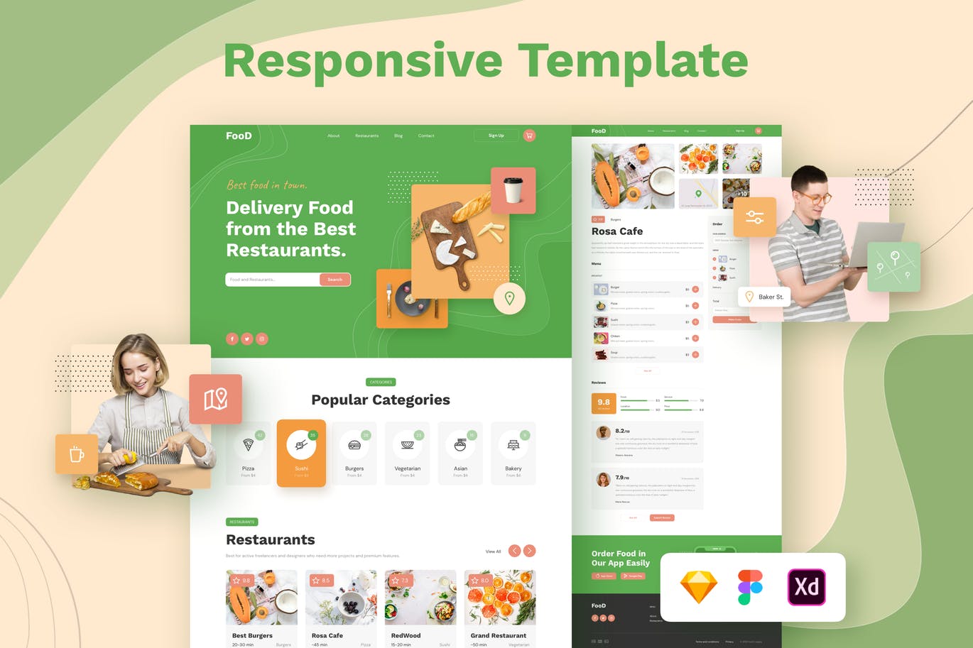 在线订餐/餐厅响应式网站设计第一素材精选模板 Food Delivery Restaurant Responsive Template插图