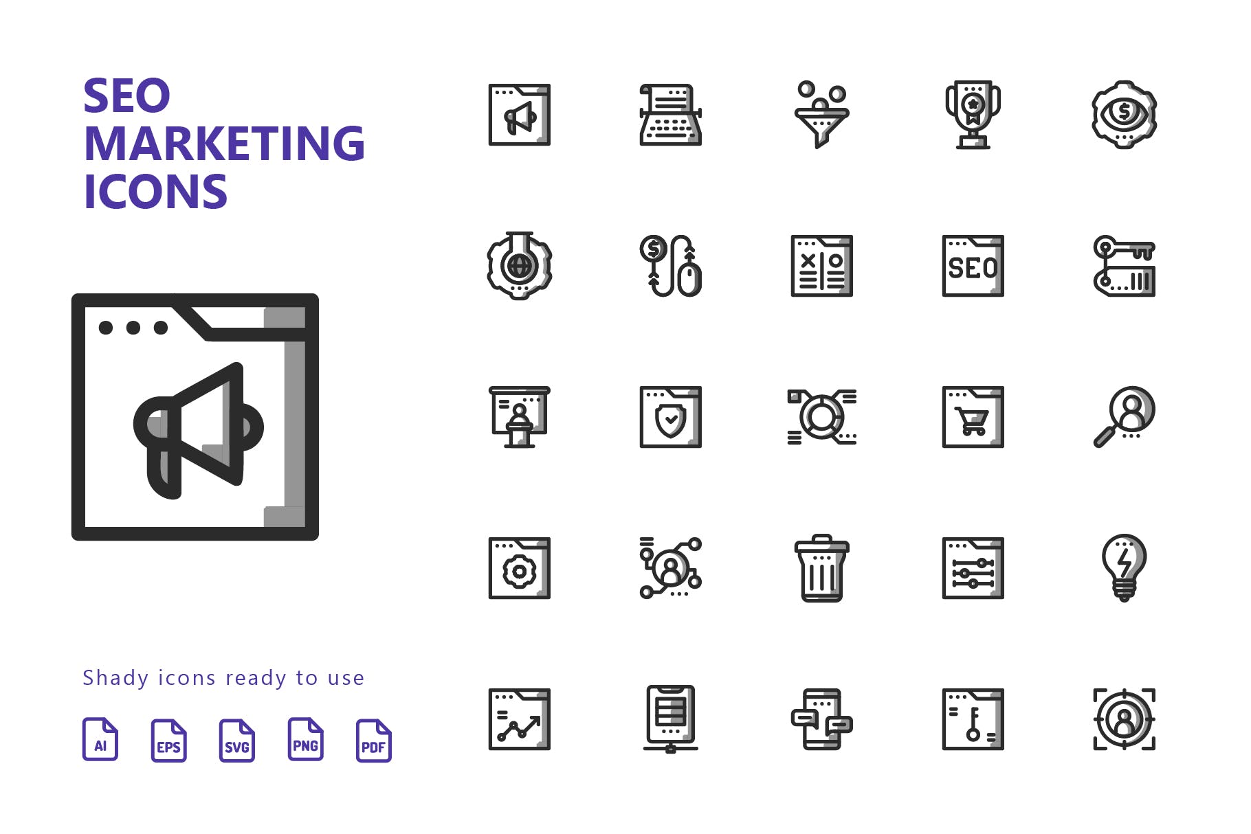 25枚SEO搜索引擎优化营销矢量阴影第一素材精选图标v2 SEO Marketing Shady Icons插图(1)