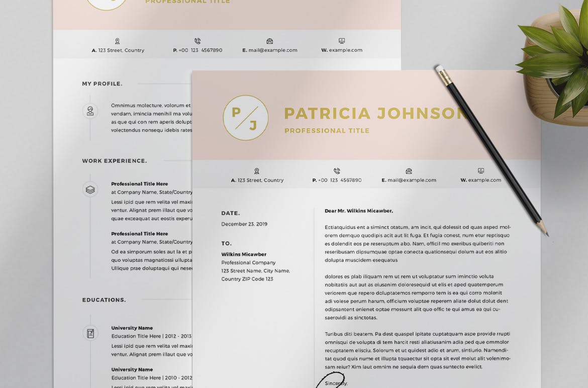 粉色标题网页设计师/网站开发蚂蚁素材精选简历模板 Resume Layout Set with Pink Header插图(3)