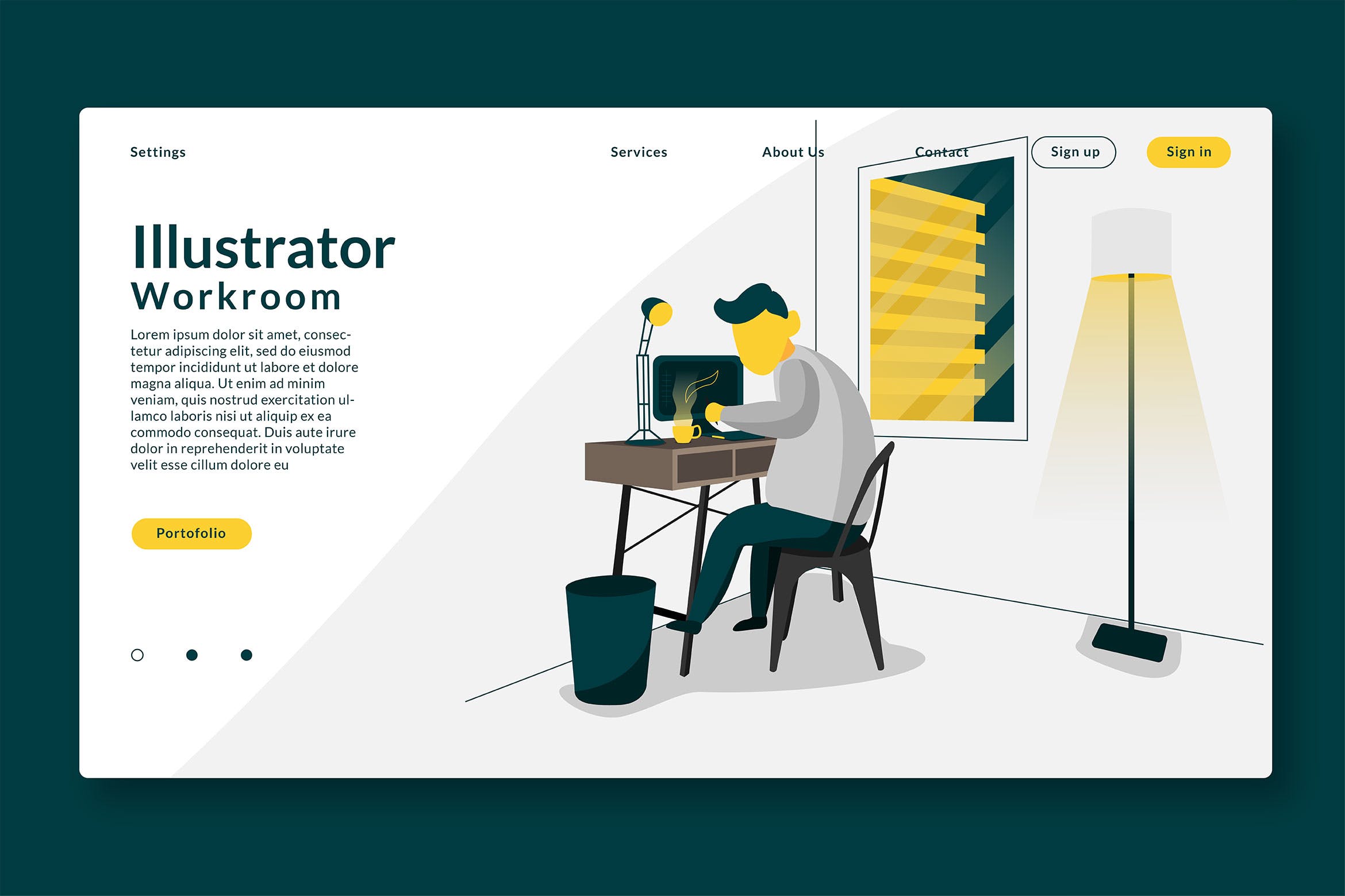 插画工作室场景插画网站着陆页设计模板 Illustrator Working Room – Landing Page GR插图