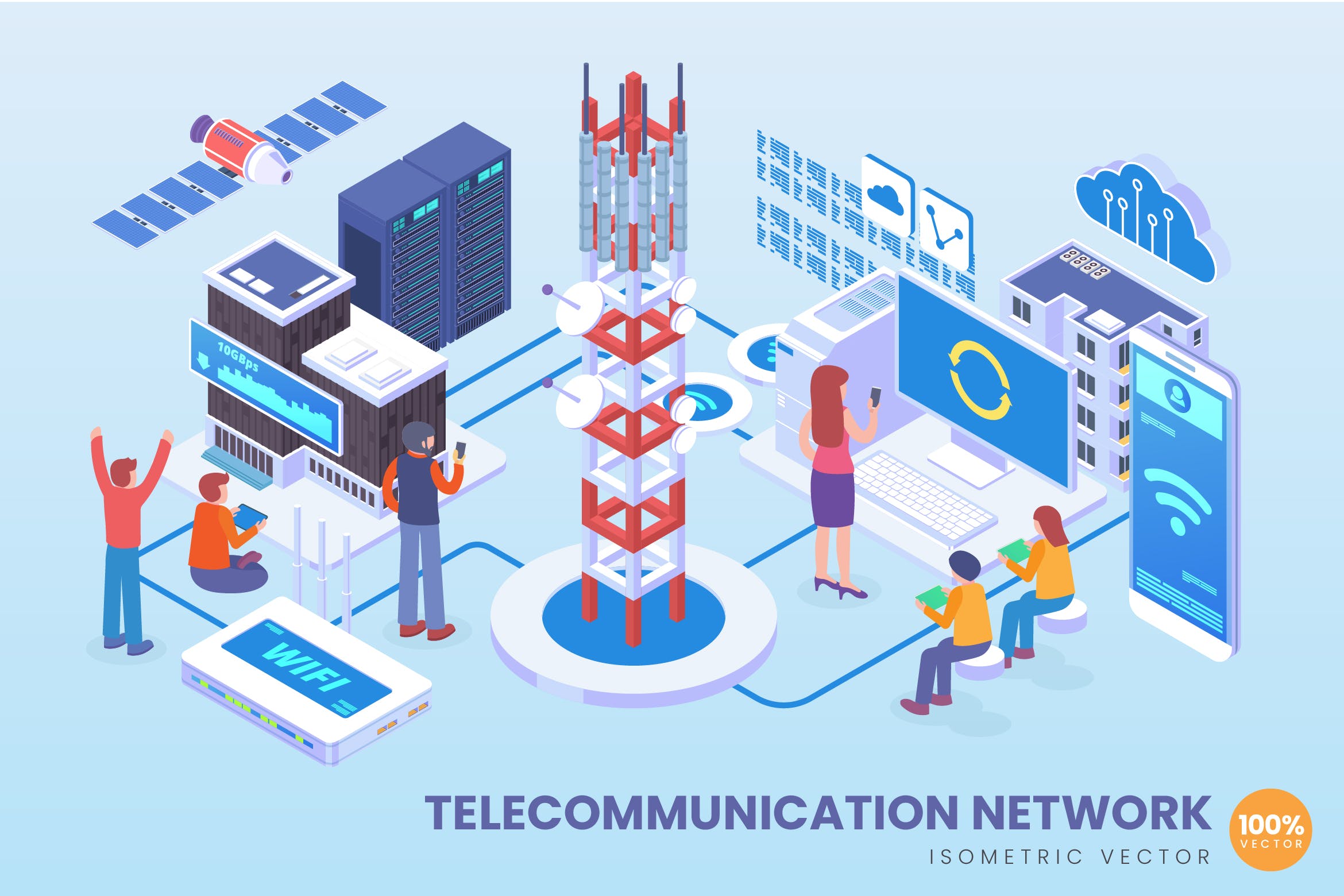 电信网络技术等距矢量科技大洋岛精选概念插画v2 Isometric Telecommunication Network Vector Concept插图