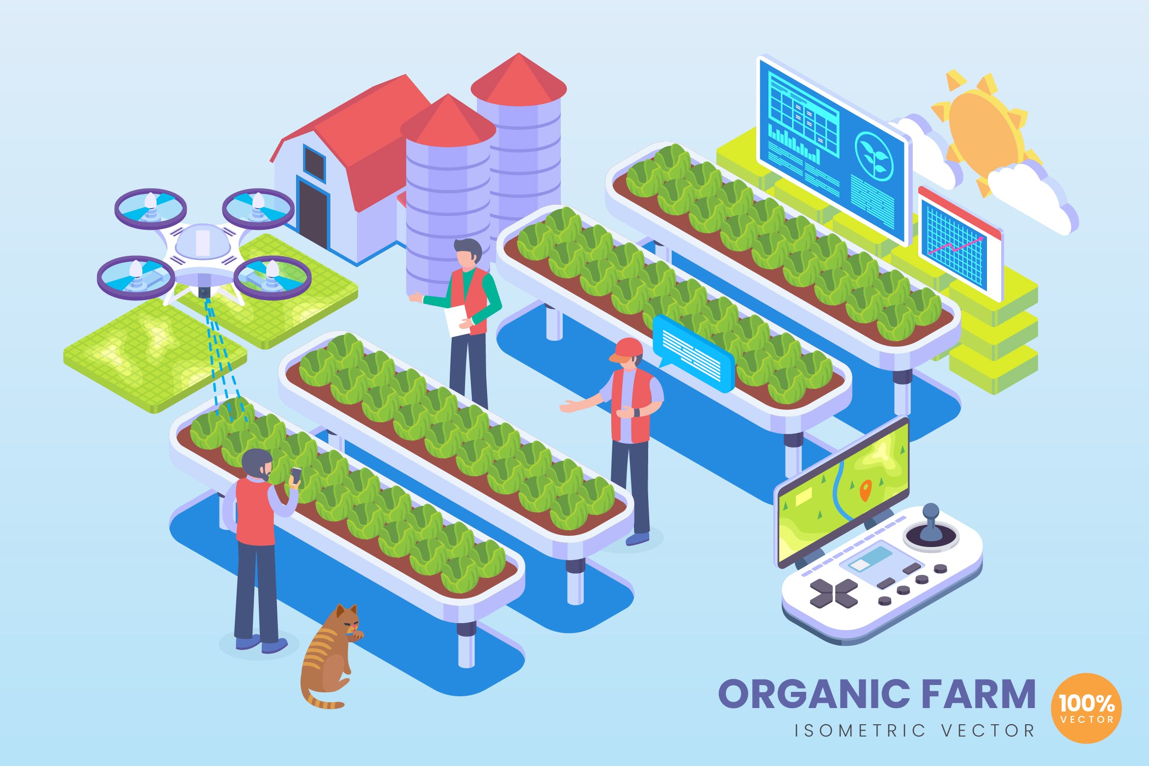 有机农场技术等距矢量大洋岛精选概念插画 Isometric Organic Farm Technology Vector Concept插图