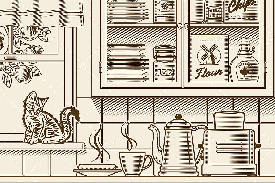 美式复古厨房单色矢量插画大洋岛精选素材 Retro Kitchen. One Color插图