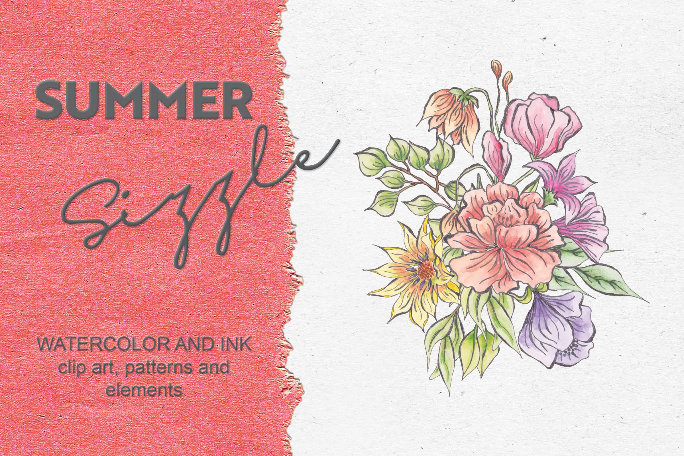 夏日鲜艳色彩水彩花卉设计蚂蚁素材精选PNG素材包 Summer Sizzle: Watercolor and Ink Collection插图