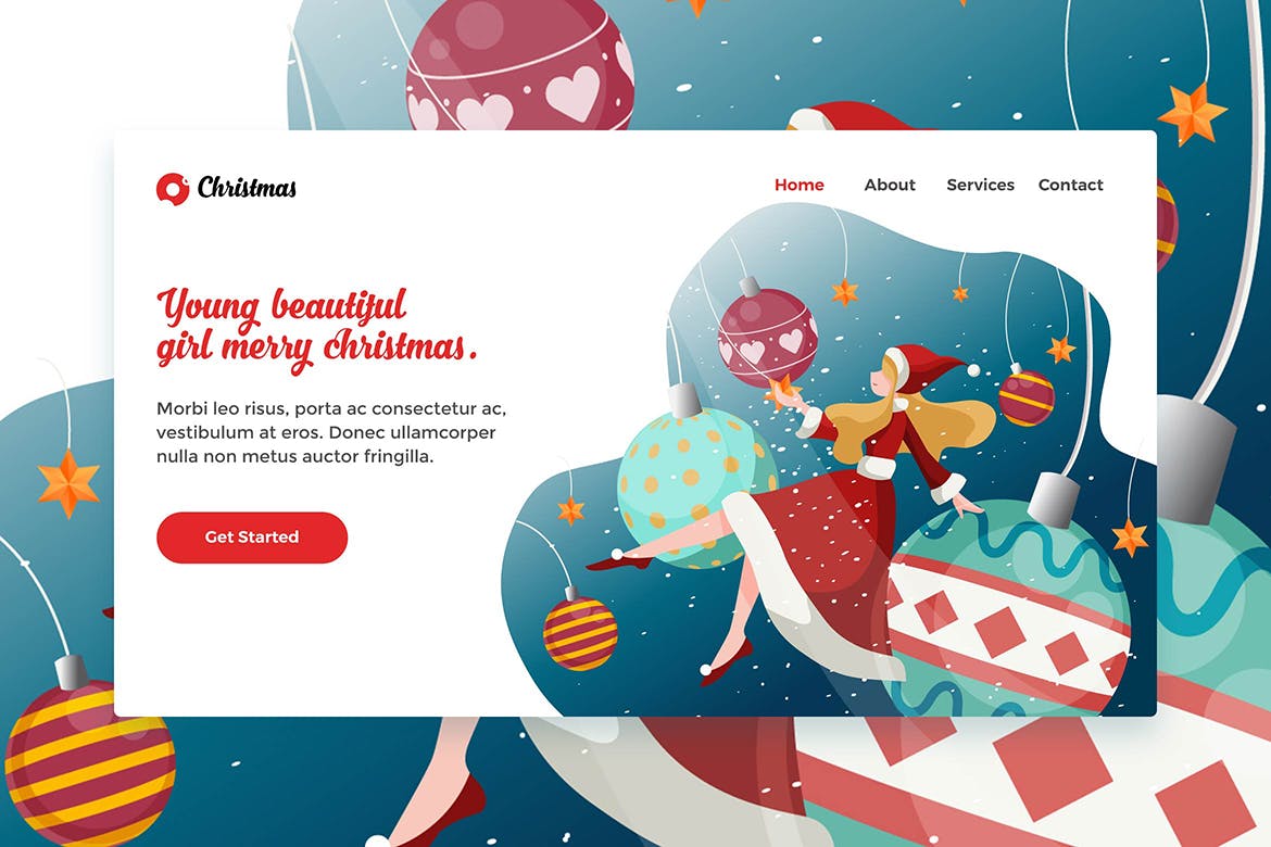 网站着陆页设计圣诞节主题女孩矢量插画素材v1 Merry Christmas Beautiful Girl web Landing Page插图1