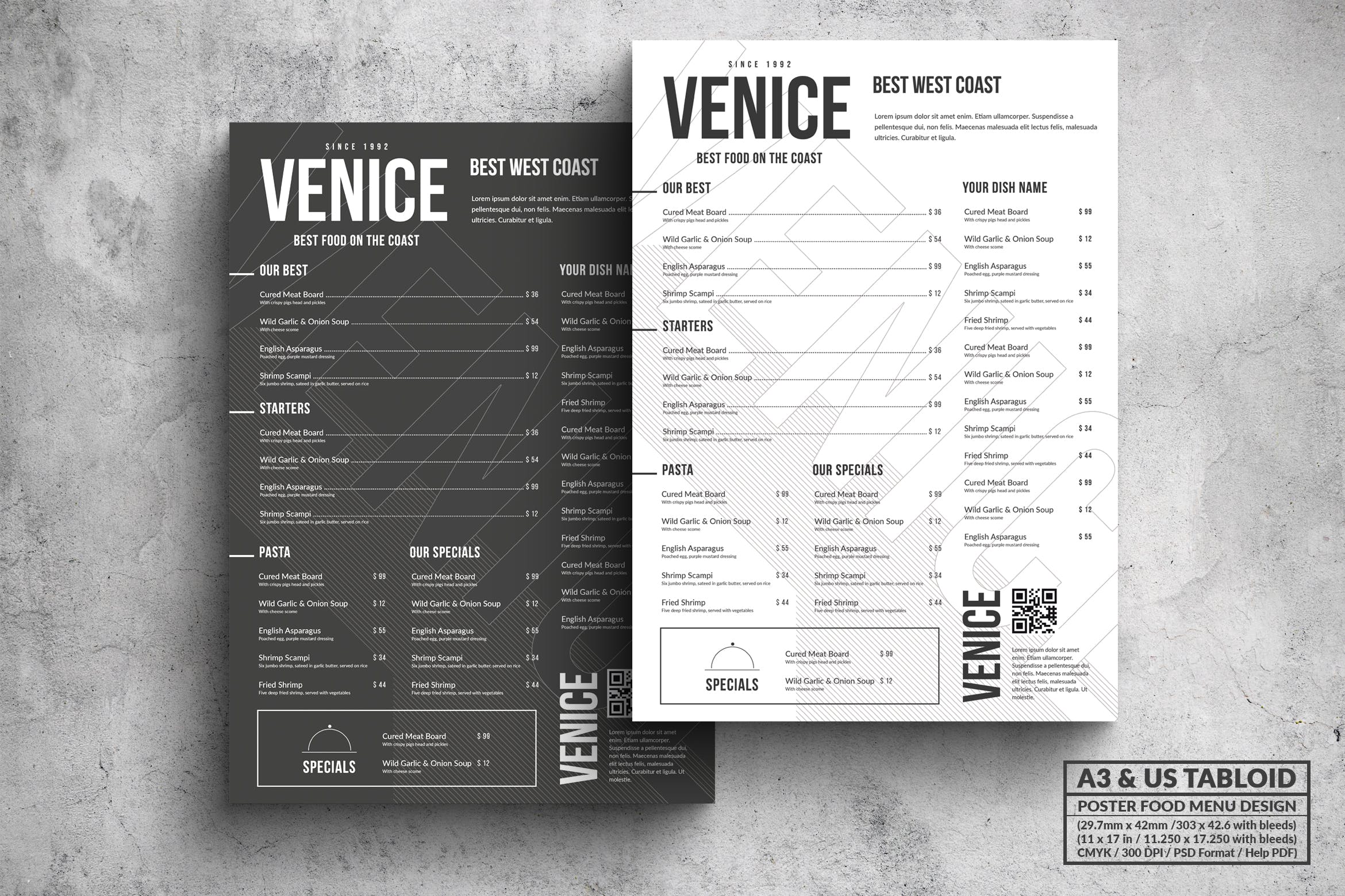 极简设计风格西餐菜单海报PSD素材第一素材精选模板 Venice Minimal Food Menu – A3 & US Tabloid Poster插图