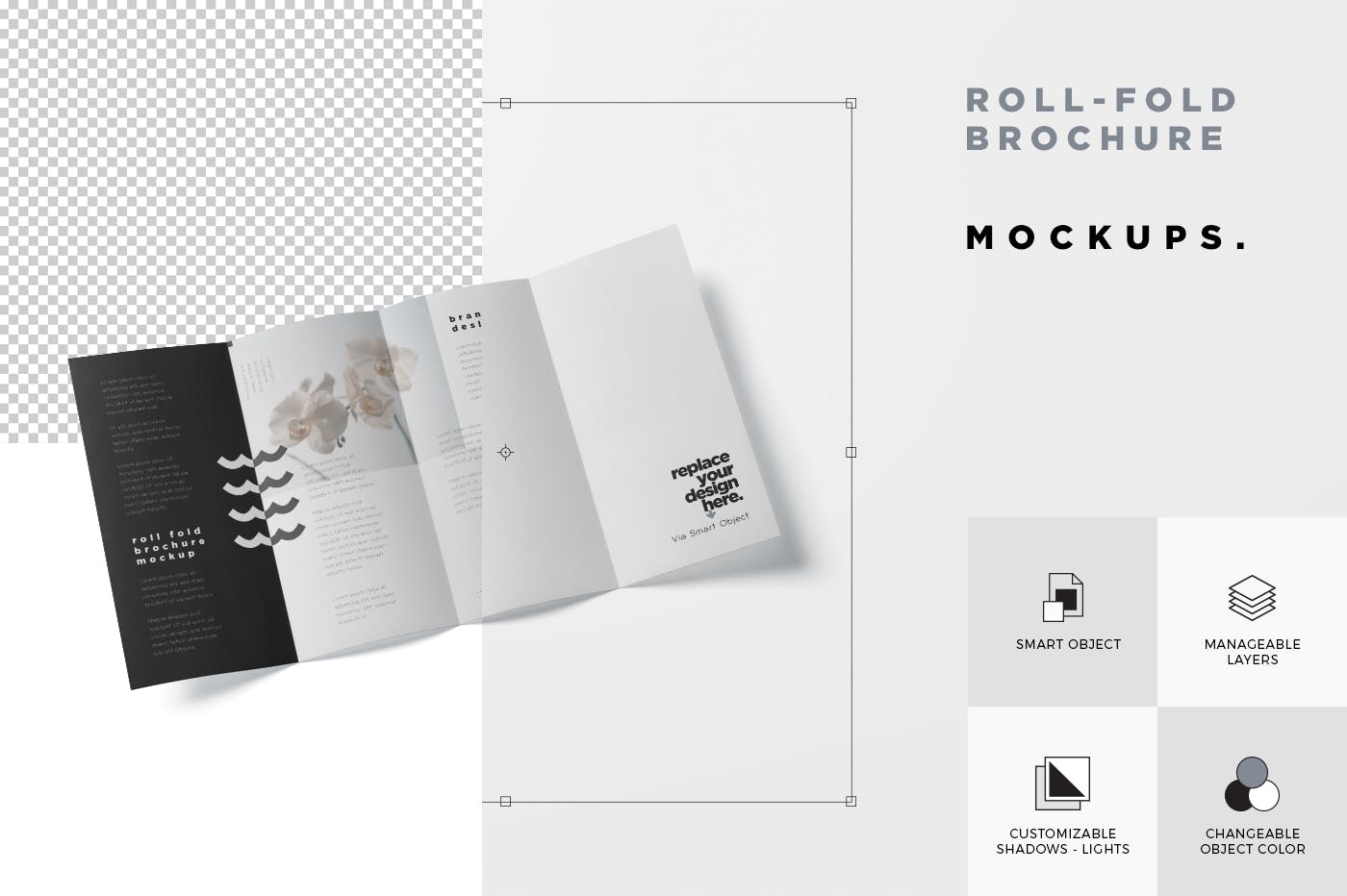 折叠设计风格企业传单/宣传册设计样机大洋岛精选 Roll-Fold Brochure Mockup – DL DIN Lang Size插图6