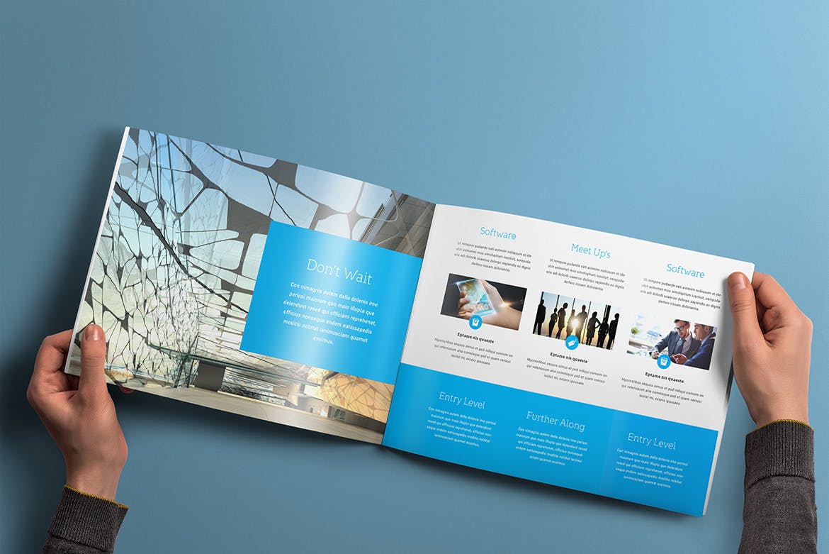 横版设计风格企业宣传册/企业画册内页版式设计样机大洋岛精选 Landscape Brochure Mockup插图3