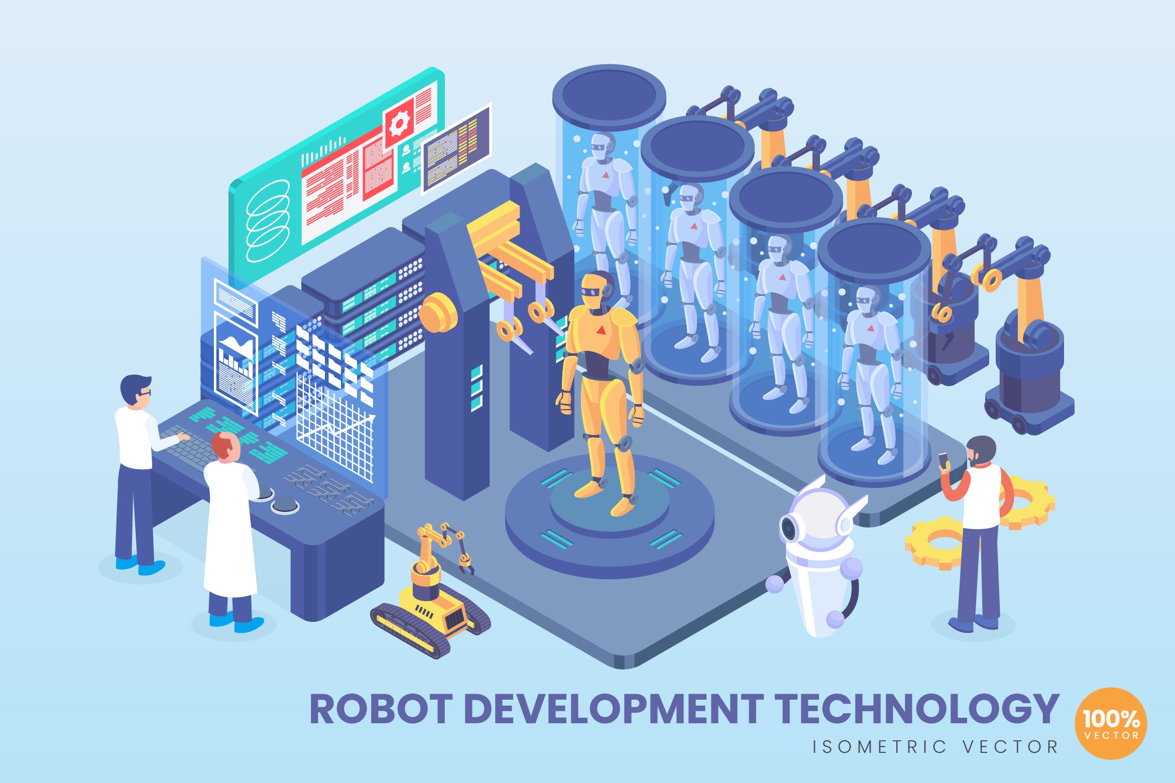 机器人开发技术等距矢量科技第一素材精选概念插画 Isometric Robot Development Technology Vector插图