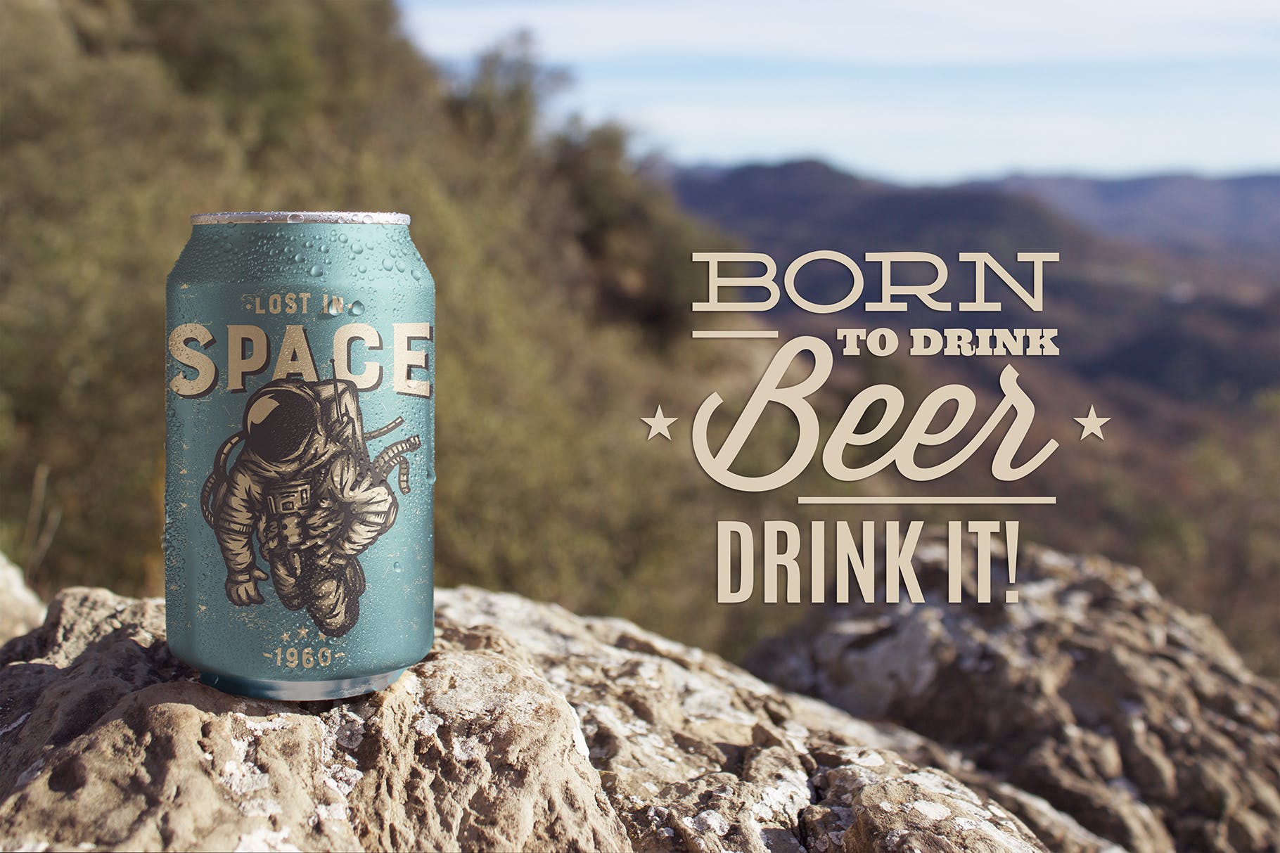 野外岩石场景啤酒易拉罐设计效果图第一素材精选 Nature Beer Can Mockup插图(1)