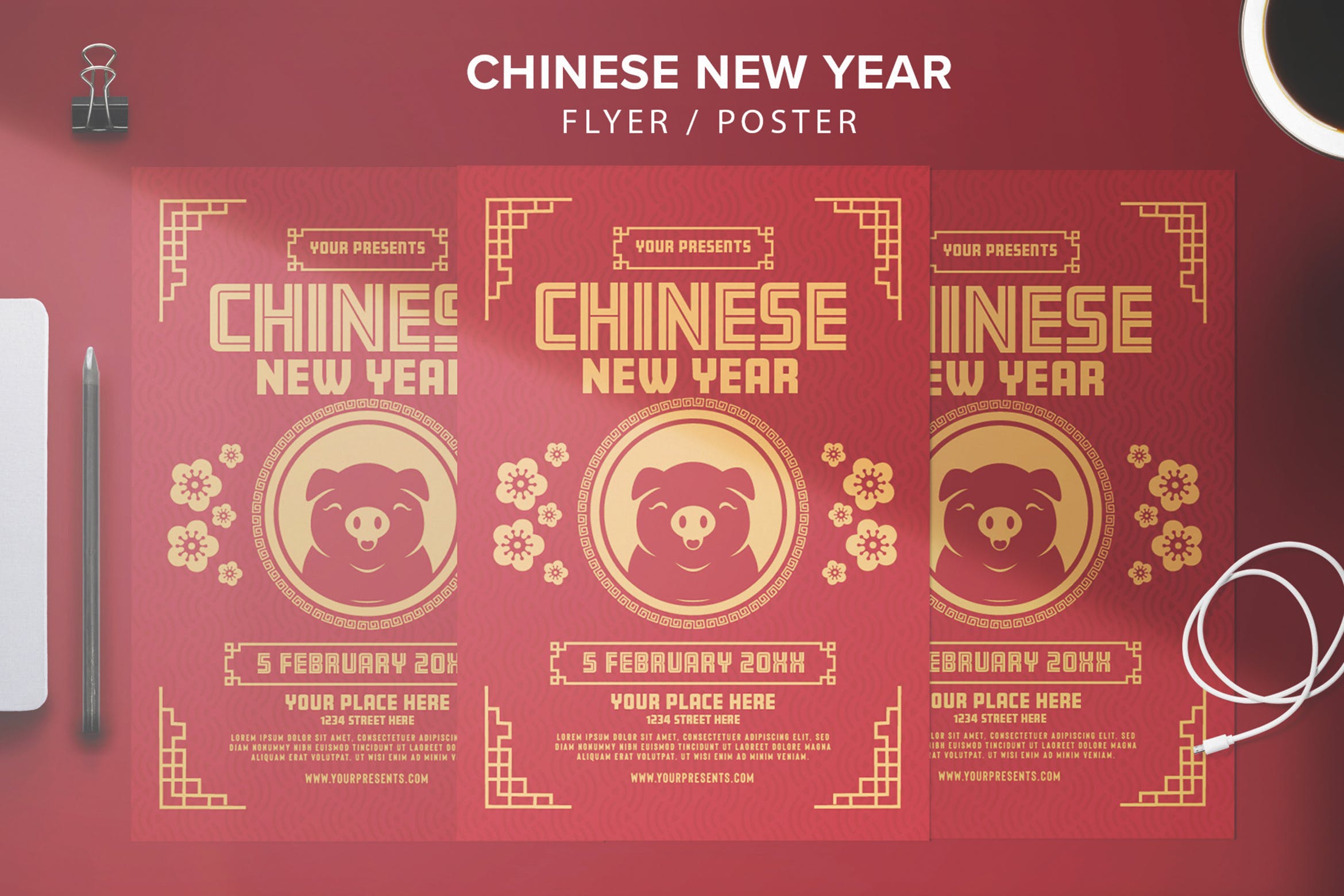 高端红中国新年海报传单第一素材精选PSD模板 Chinese New Year Flyer插图