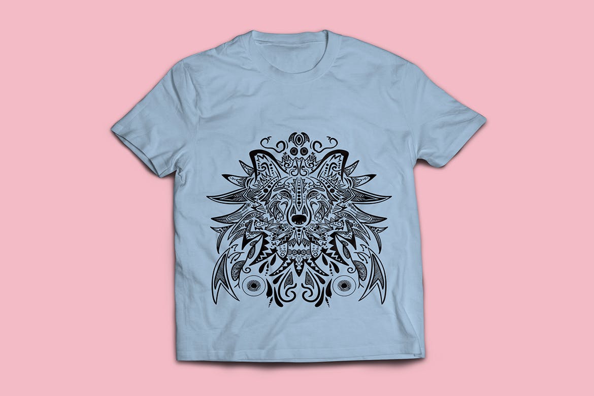 狼-曼陀罗花手绘T恤印花图案设计矢量插画蚂蚁素材精选素材 Wolf Mandala T-shirt Design Vector Illustration插图(1)