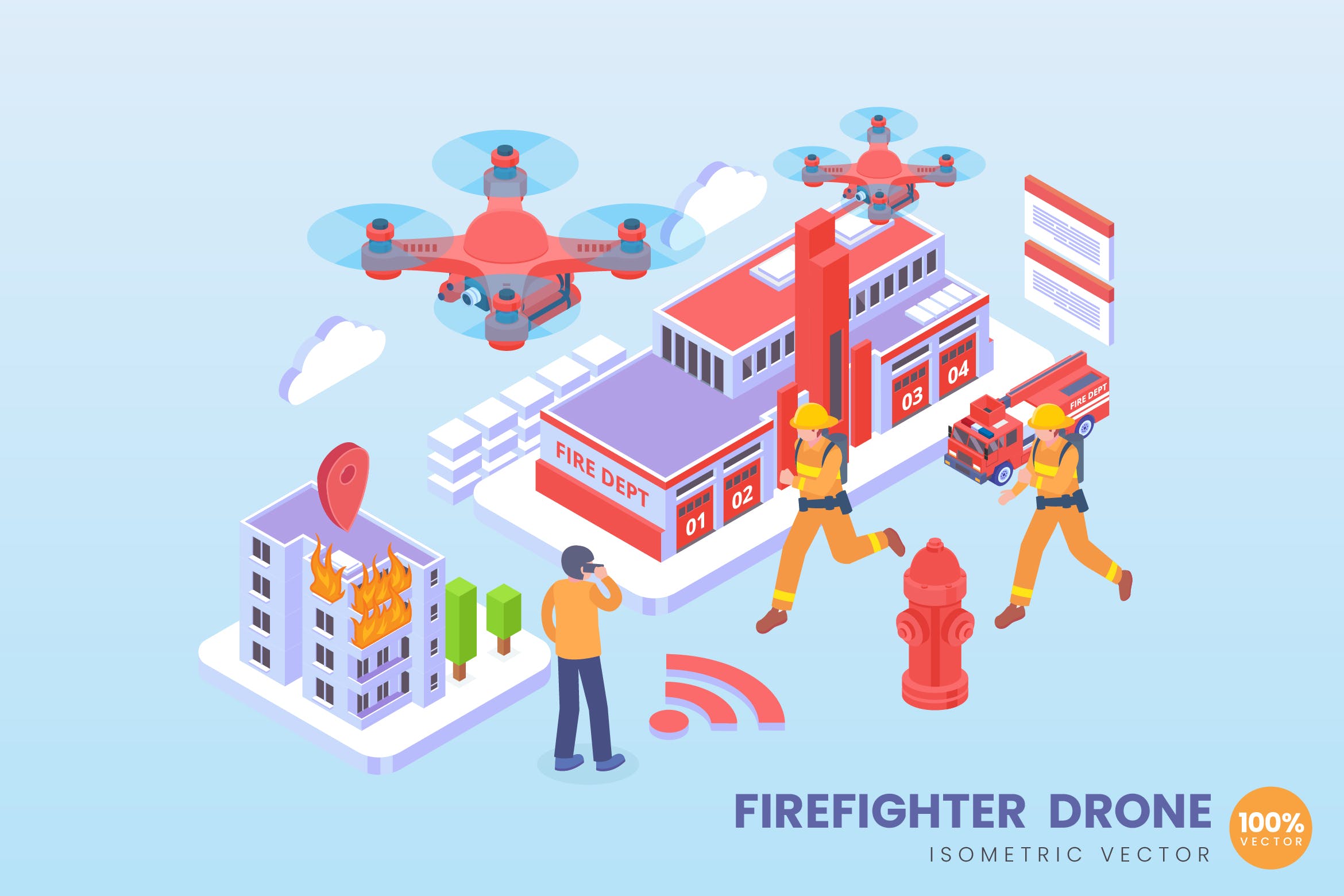 消防无人机技术等距矢量科技大洋岛精选概念插画 Isometric Firefighter Drone Vector Concept插图