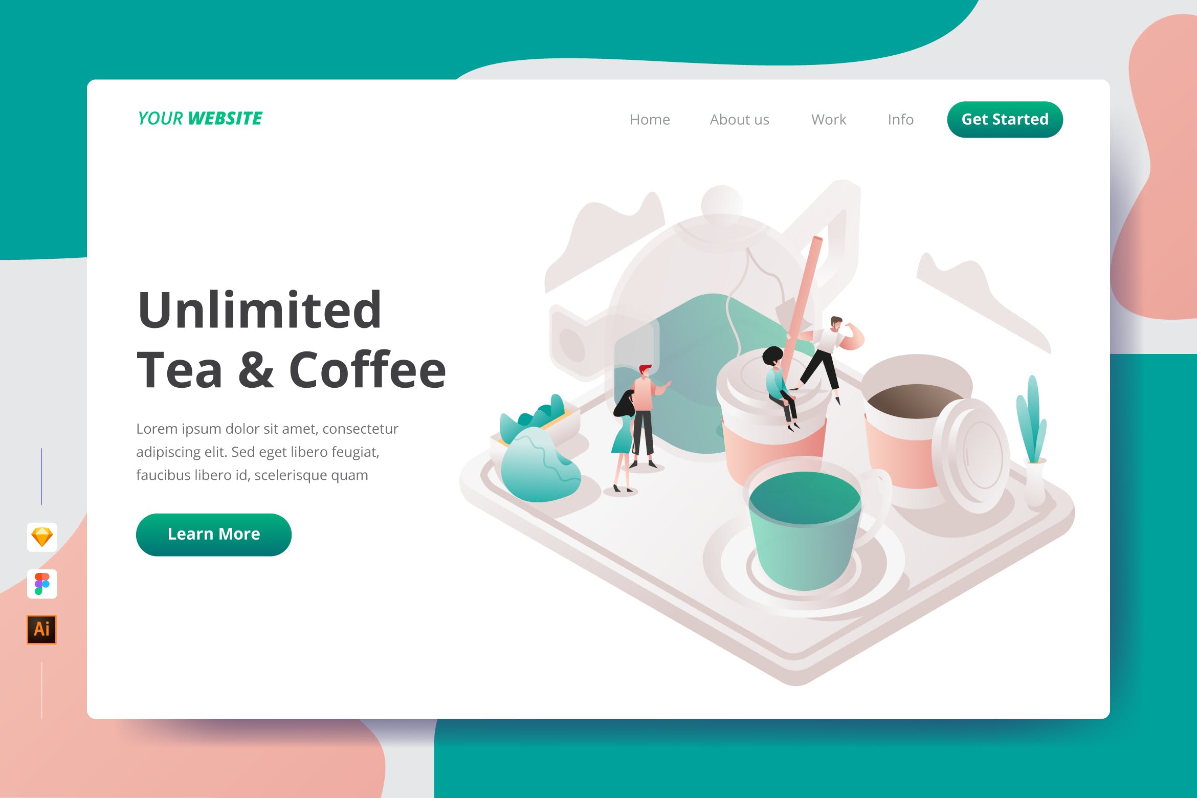 咖啡&饮茶文化主题插画网站着陆页设计蚂蚁素材精选模板 Unlimited Tea & Coffee – Landing Page插图