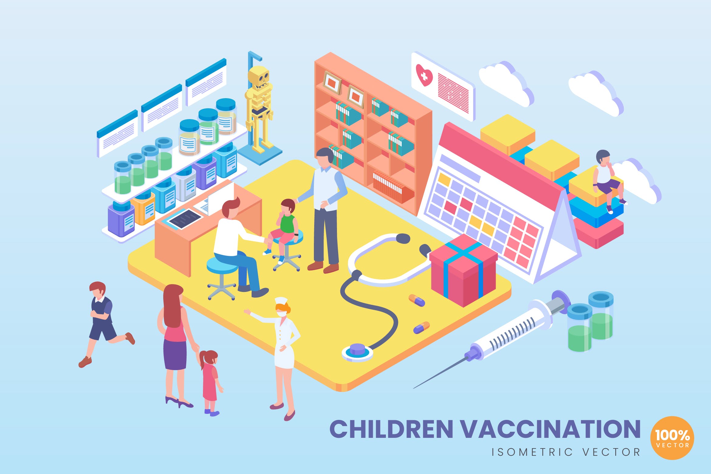 儿童疫苗接种场景等距矢量科技大洋岛精选概念插画 Isometric Children Vaccination Vector Concept插图