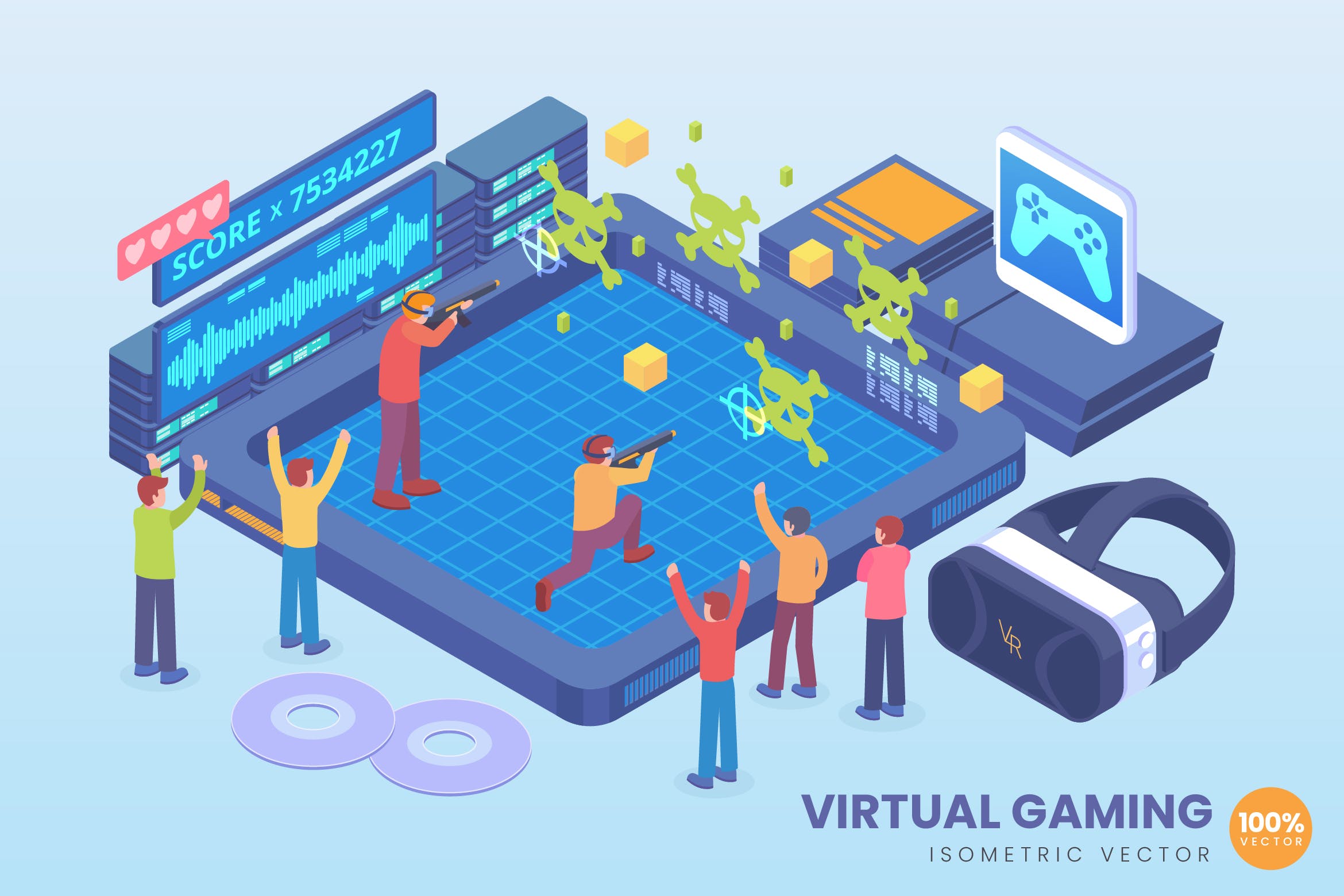 虚拟游戏技术等距矢量第一素材精选概念插画素材 Isometric Virtual Gaming Technology Vector Concept插图