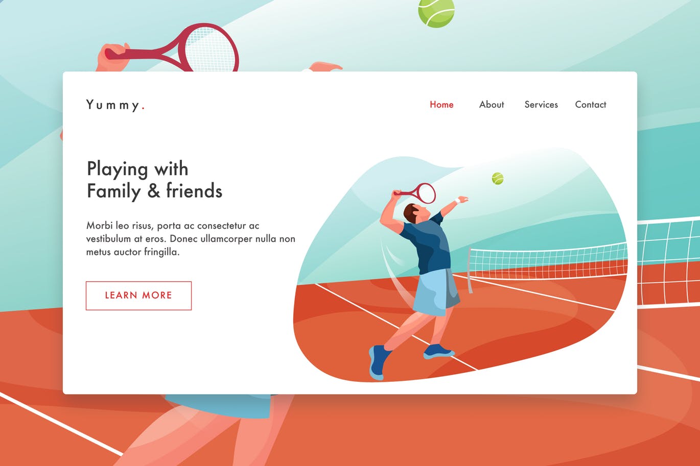 男子网球运动员手绘插画网站着陆页设计模板 Male Tennis Player  web template Landing Page插图