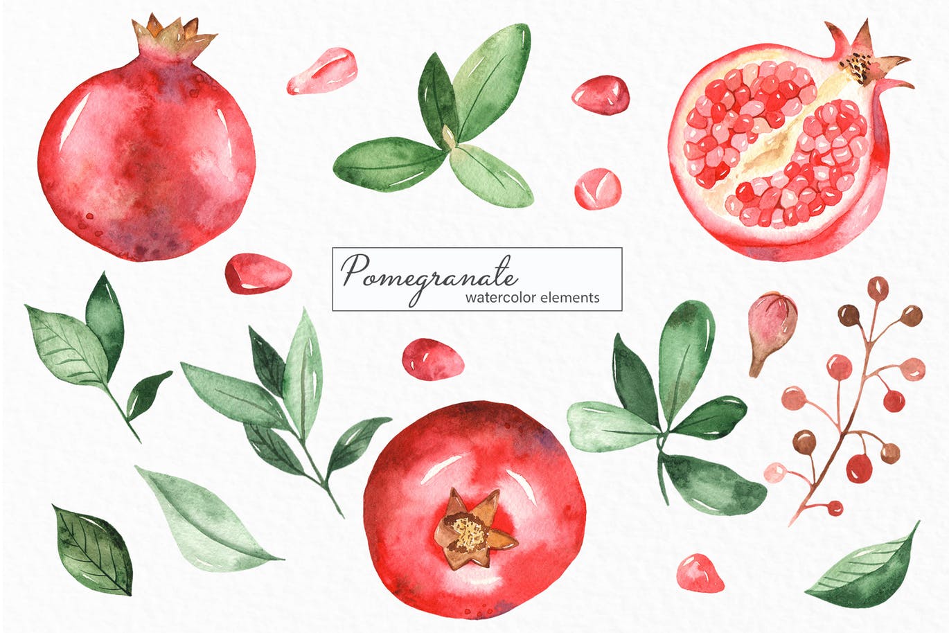 水彩石榴剪贴画/花框/花环第一素材精选设计素材 Watercolor pomegranate. Clipart, frames, wreaths插图(2)