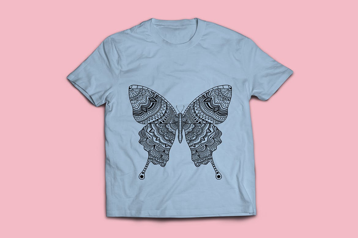 蝴蝶-曼陀罗花手绘T恤印花图案设计矢量插画第一素材精选素材 Butterfly Mandala Tshirt Design Illustration插图(3)