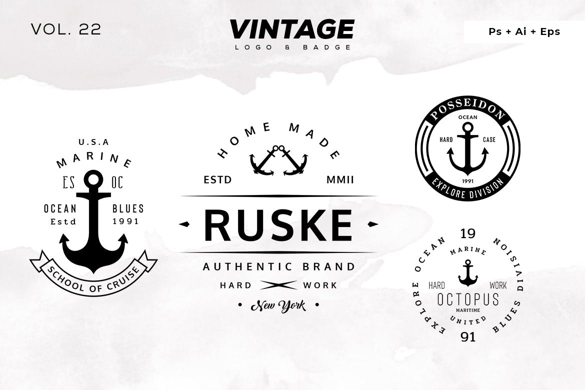 欧美复古设计风格品牌大洋岛精选LOGO商标模板v22 Vintage Logo & Badge Vol. 22插图