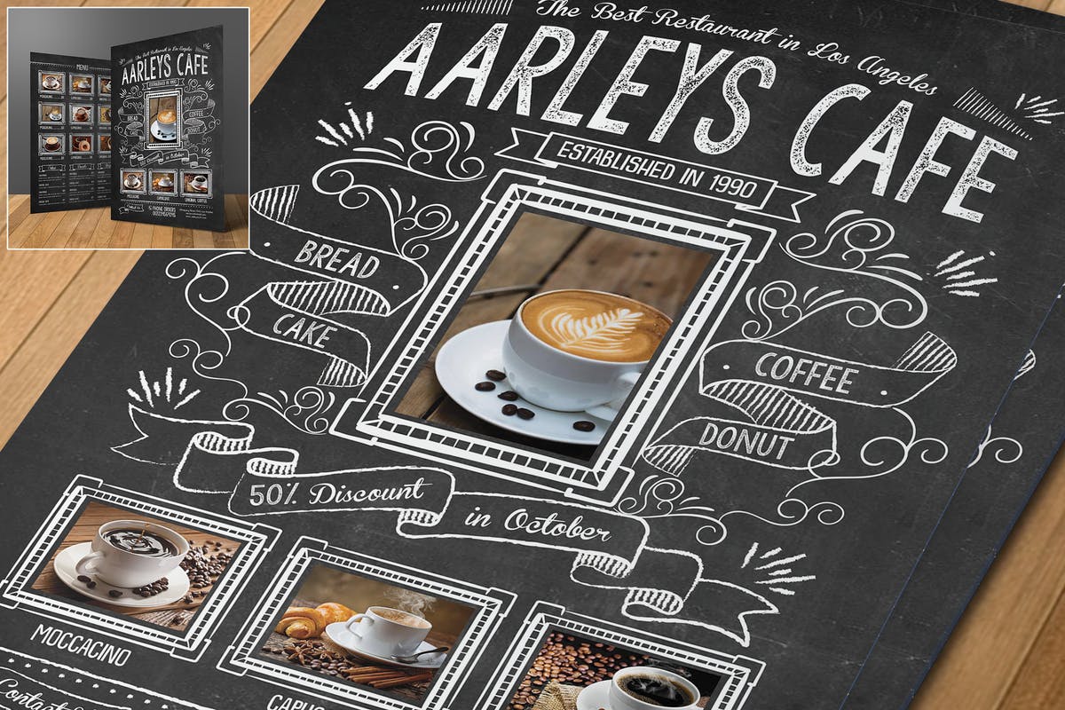 黑板画设计风格咖啡馆咖啡店菜牌菜单模板 Blackboard Food Menu Flyer插图
