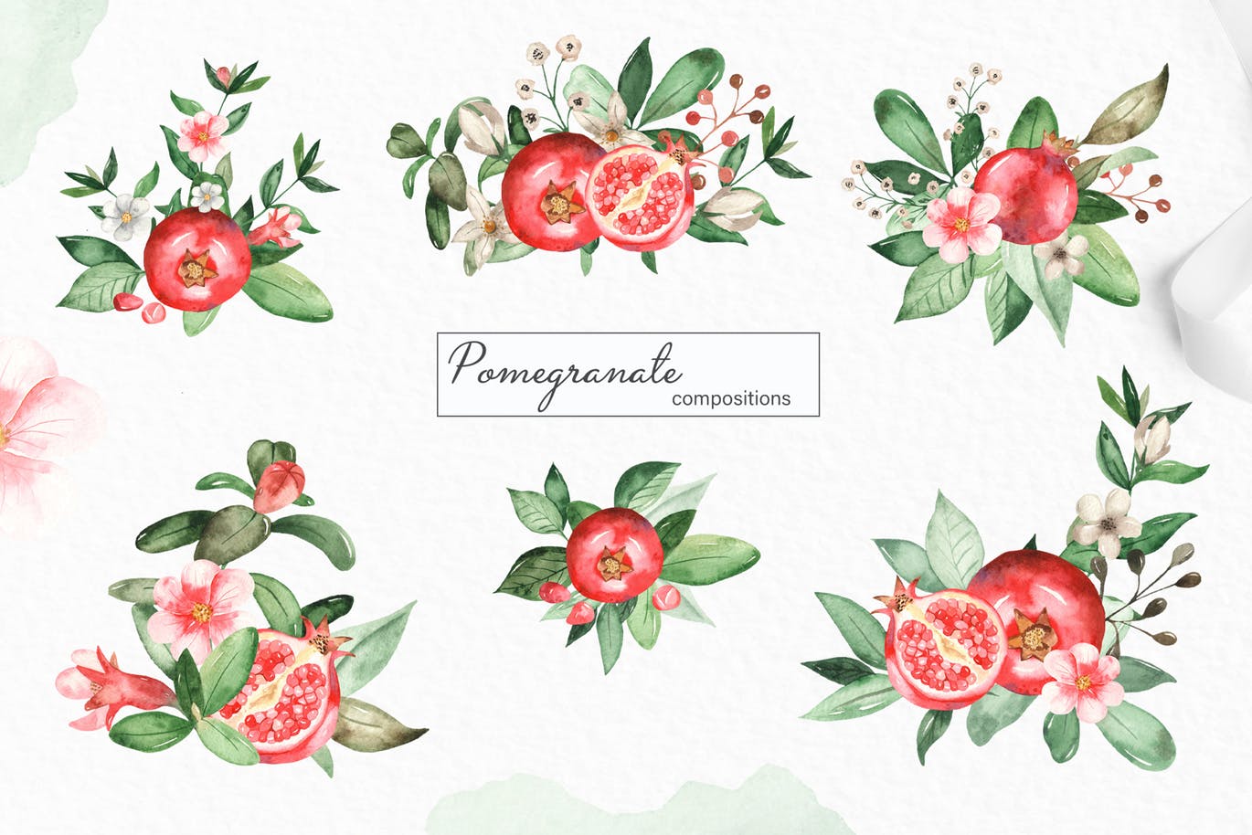 水彩石榴剪贴画/花框/花环第一素材精选设计素材 Watercolor pomegranate. Clipart, frames, wreaths插图(1)
