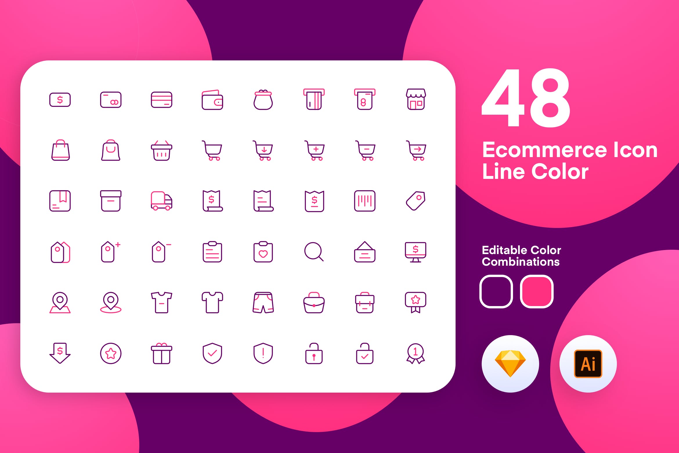 48枚电子商务主题彩色矢量线性蚂蚁素材精选图标 eComerce Icon Line Color插图