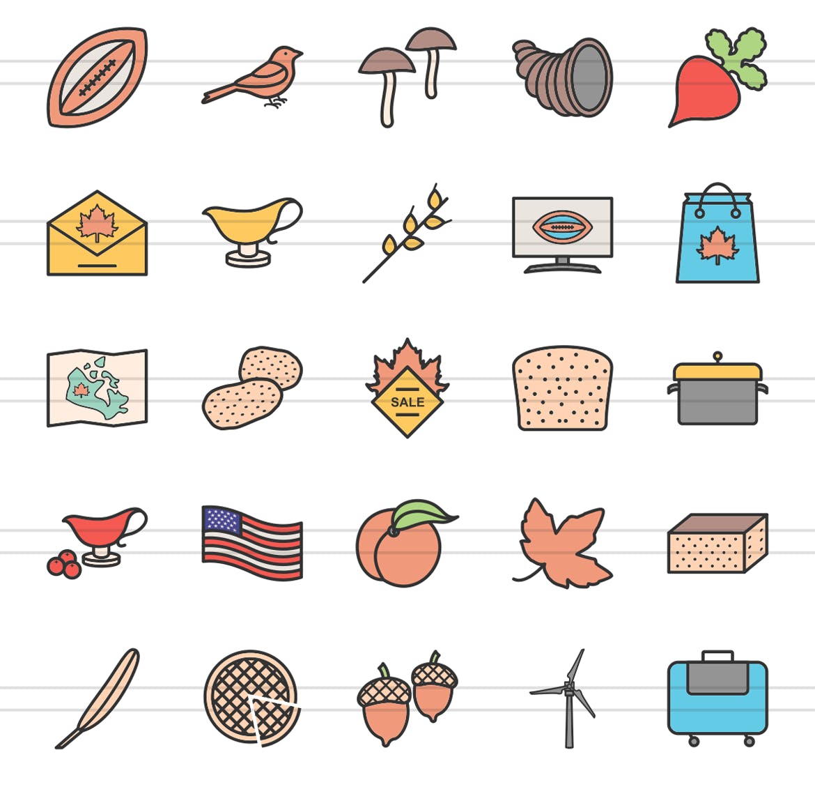 50枚感恩节颜色填充线性第一素材精选图标素材 50 Thanksgiving Filled Line Icons插图(2)