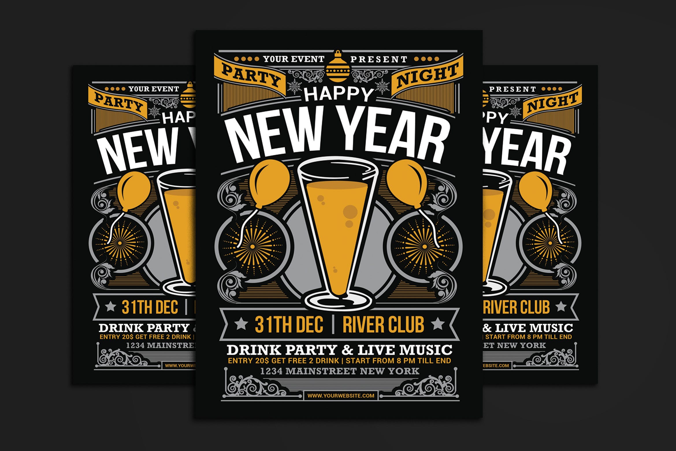 重复线条艺术新年庆祝晚会海报传单大洋岛精选PSD模板 New Year Party Celebration插图