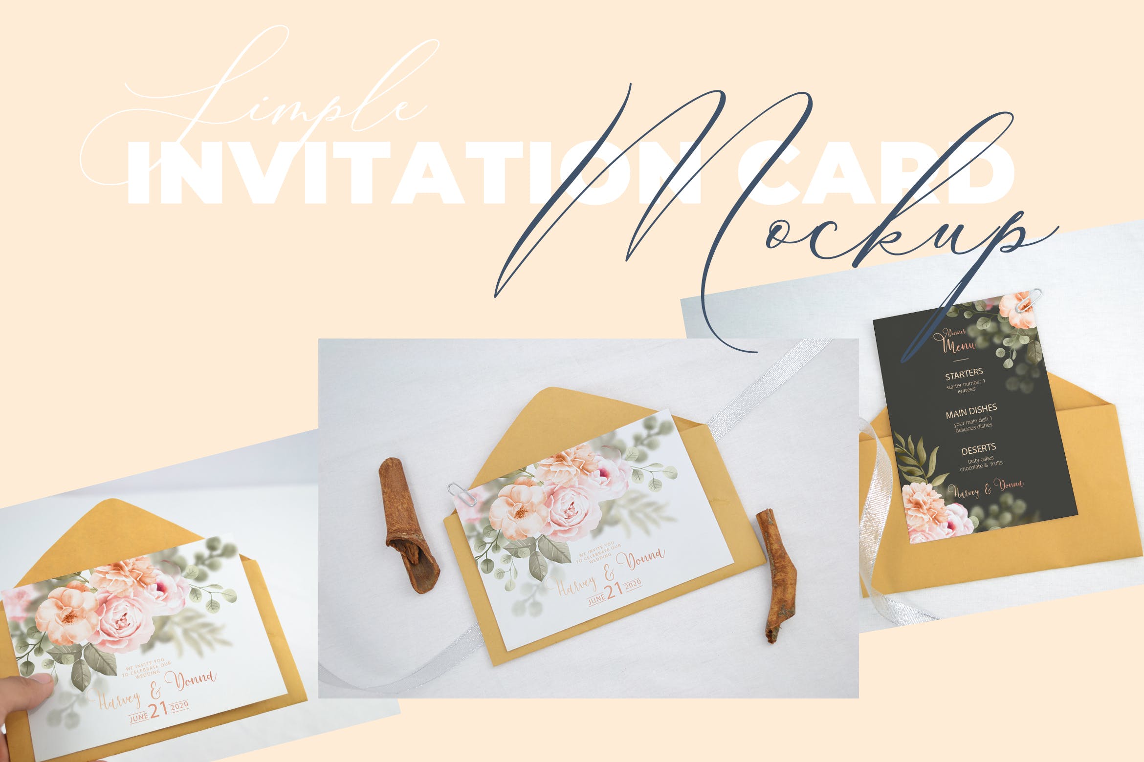 婚礼邀请函设计效果图样机蚂蚁素材精选模板v2 Realistic Wedding Invitation Card Mockup V2插图