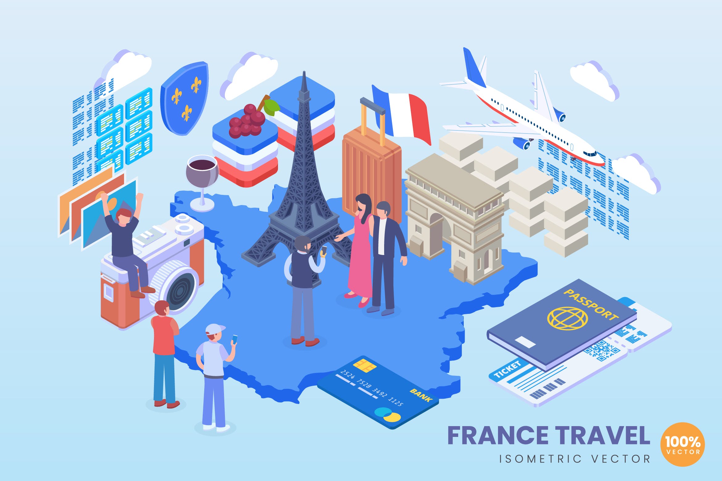 法国旅行主题等距第一素材精选概念插画 Isometric France Travel Vector Concept插图