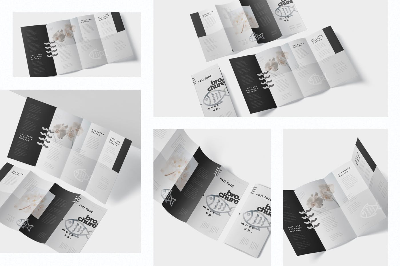 折叠设计风格企业传单/宣传册设计样机蚂蚁素材精选 Roll-Fold Brochure Mockup – DL DIN Lang Size插图(1)
