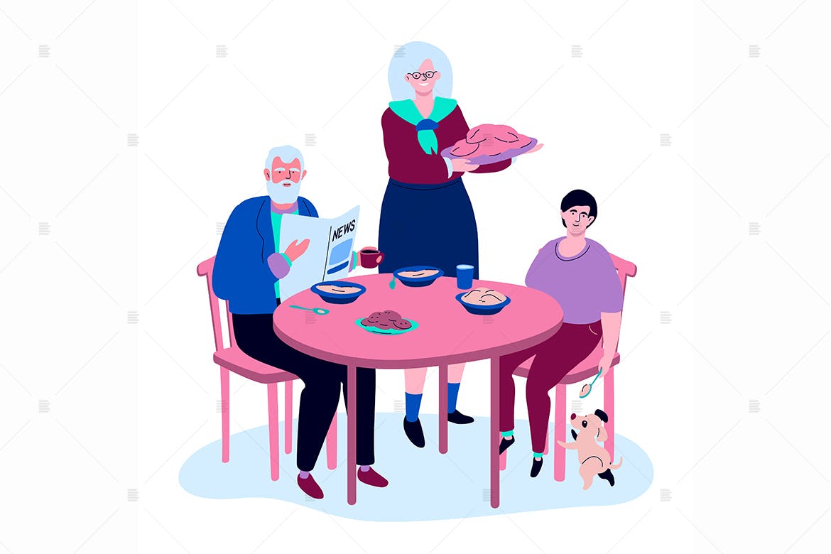 家庭聚餐-扁平设计风格矢量插画大洋岛精选素材 Family having dinner – flat design illustration插图1