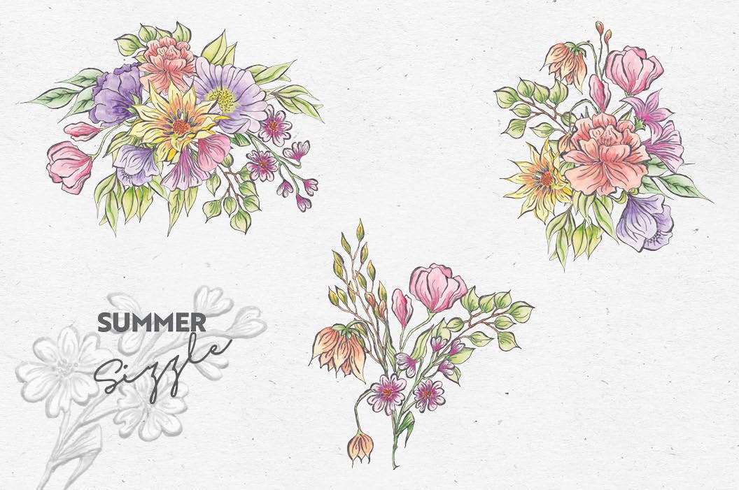 夏日鲜艳色彩水彩花卉设计第一素材精选PNG素材包 Summer Sizzle: Watercolor and Ink Collection插图(5)