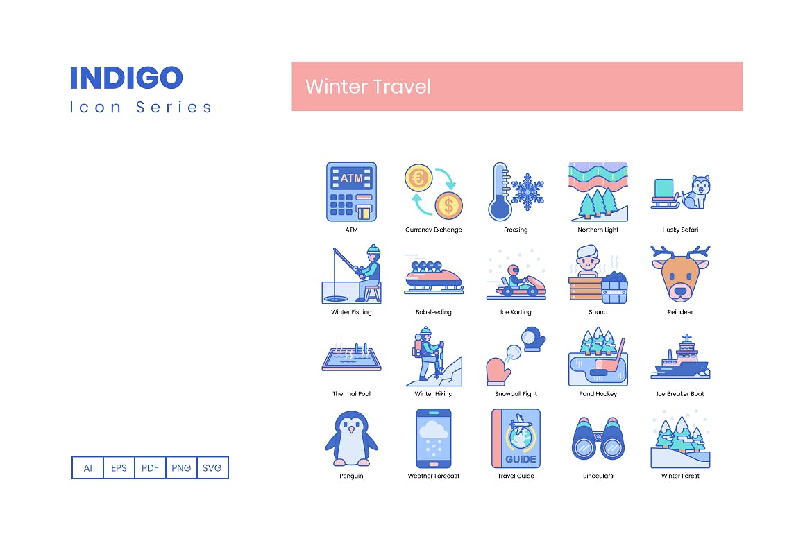 95枚靛蓝配色冬季旅行主题矢量蚂蚁素材精选图标合集 95 Winter Travel Icons | Indigo Series插图(4)