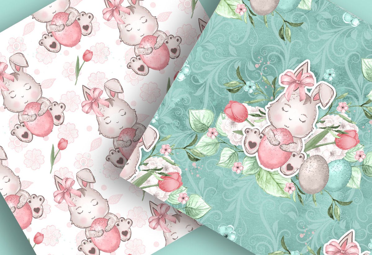 甜蜜风格复活节兔子手绘图案数码纸背景素材 Sweet Easter Bunny digital paper pack插图4