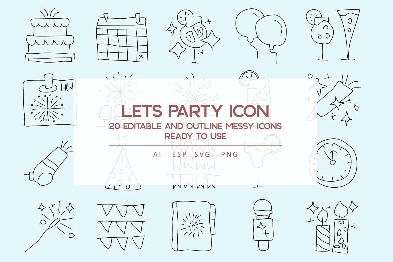 20枚活动派对主题手绘设计风格矢量线性蚂蚁素材精选图标 Lets Party Outline Icons Set插图