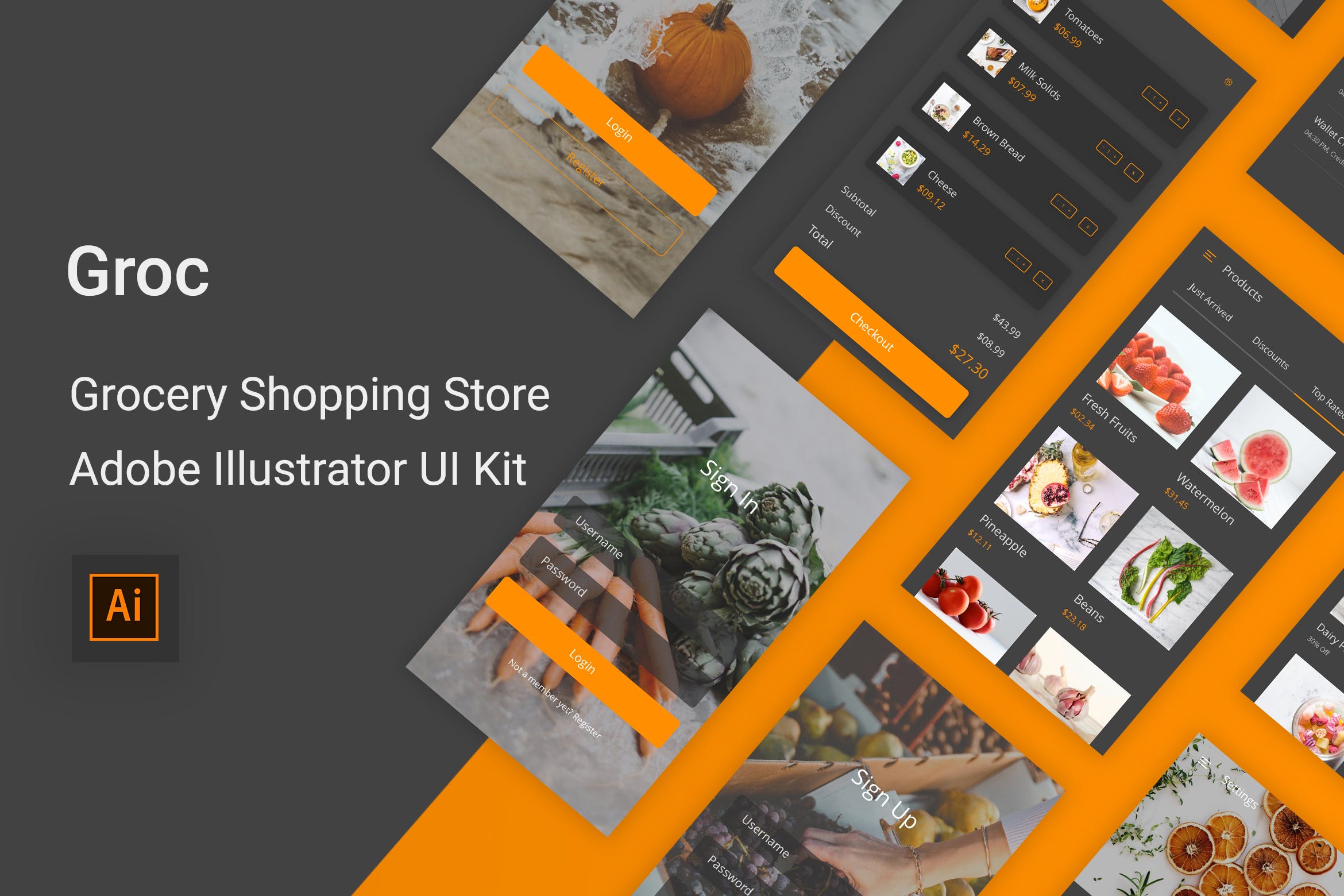杂货店水果店购物APP应用UI设计第一素材精选套件 Groc – Grocery Shopping App in Adobe Illustrator插图