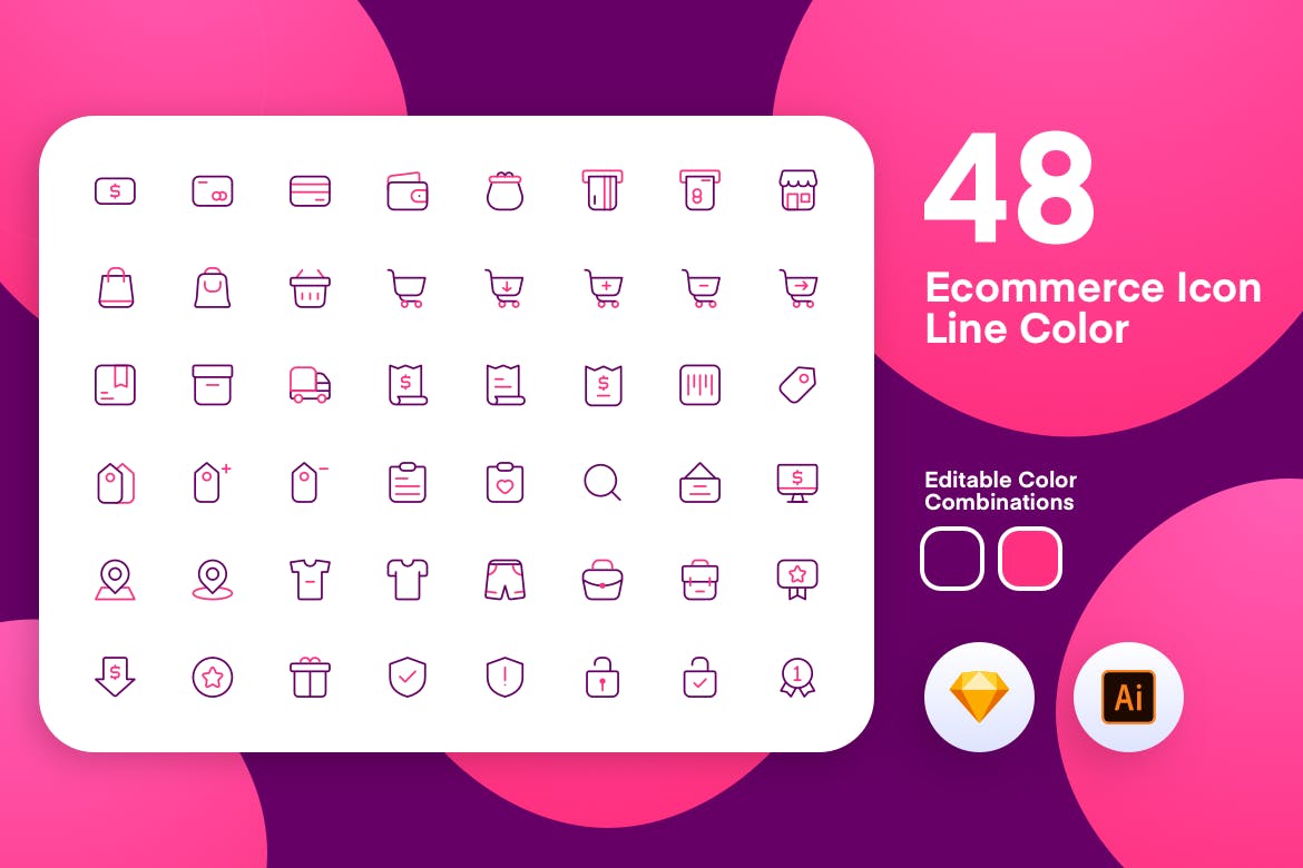 48枚电子商务主题彩色矢量线性第一素材精选图标 eComerce Icon Line Color插图(1)