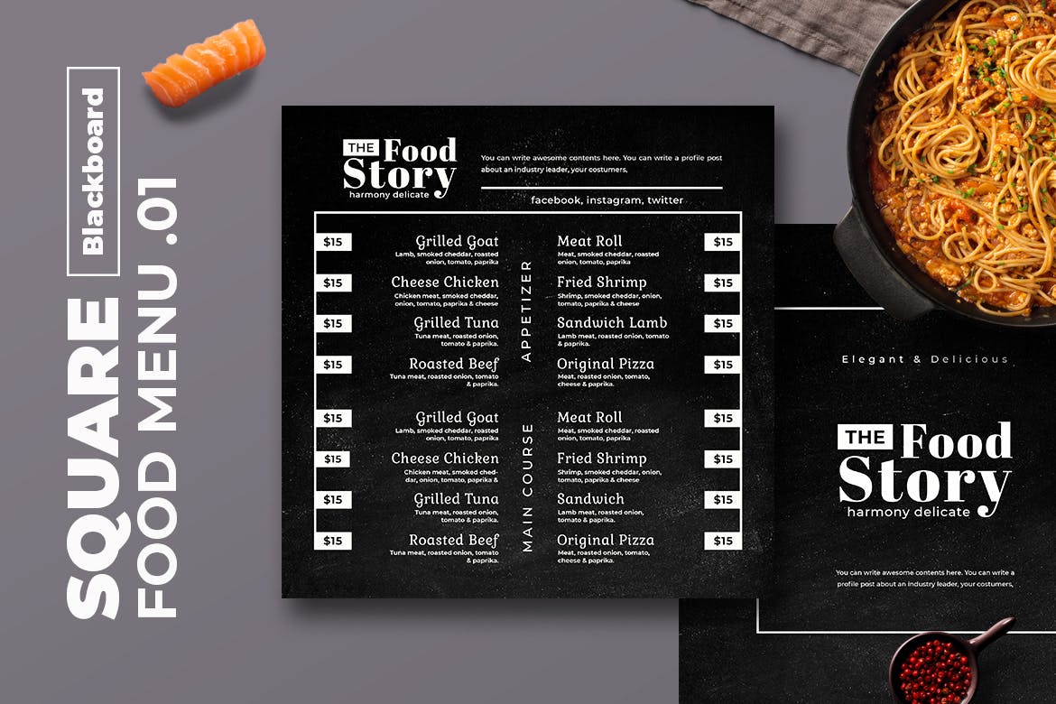 黑板画风格正方形两列式西餐厅蚂蚁素材精选菜单模板v01 Blackboard Square Food Menu. 01插图